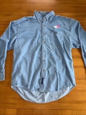 Light Blue Denim Button-Down Shirt with Embroidered Accent